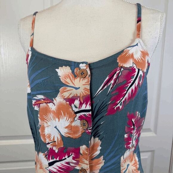 ROXY Sweet About Me Tropical Print Blue Sundress Button Front Size Medium - Picture 4 of 13
